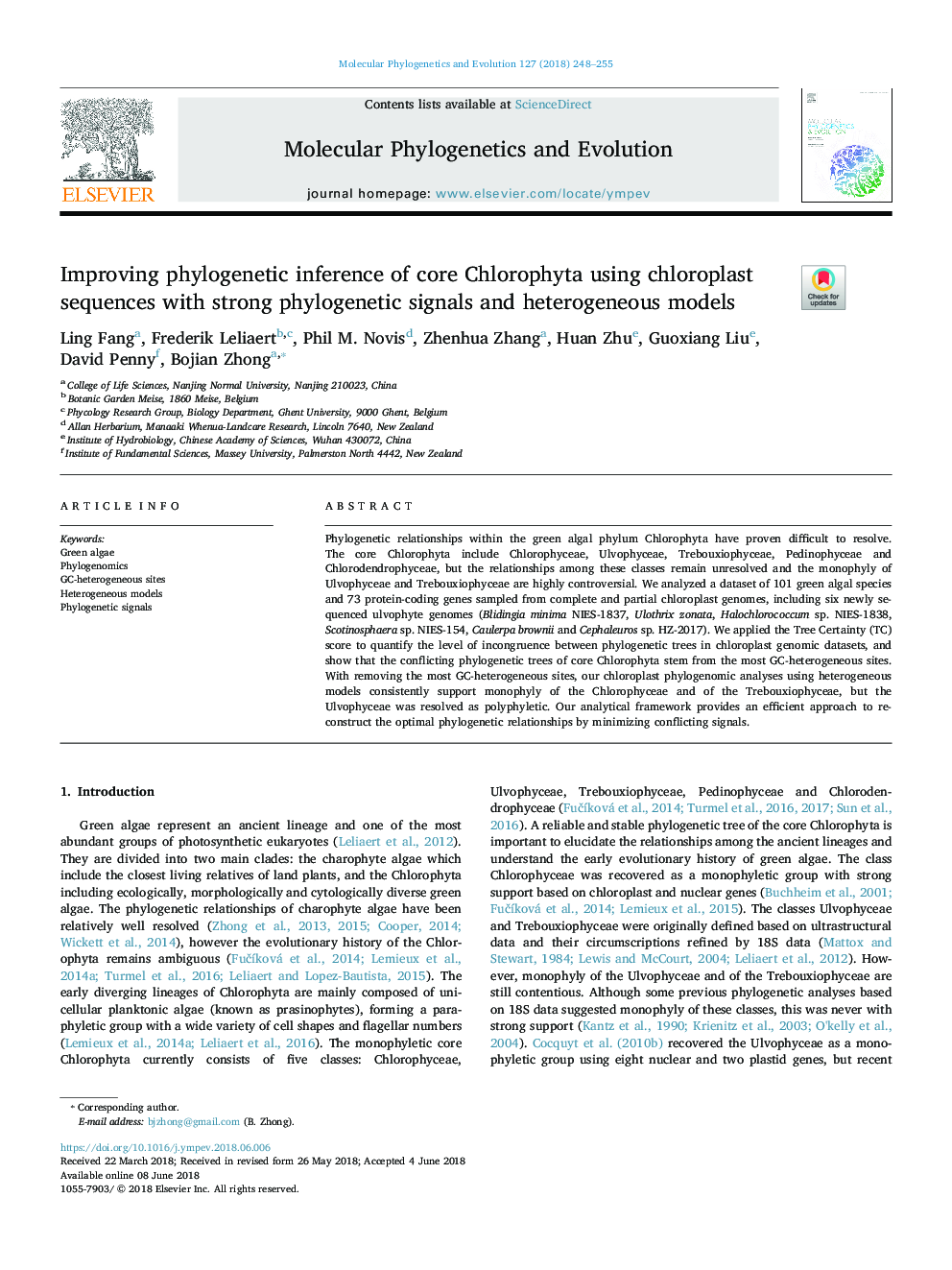 بهبود نتیجه گیری فیلوژنتیک هسته کلروفیتا با استفاده از توالی های کلرورپلاست با سیگنال های فیلوژنتیک قوی و مدل های ناهمگن 