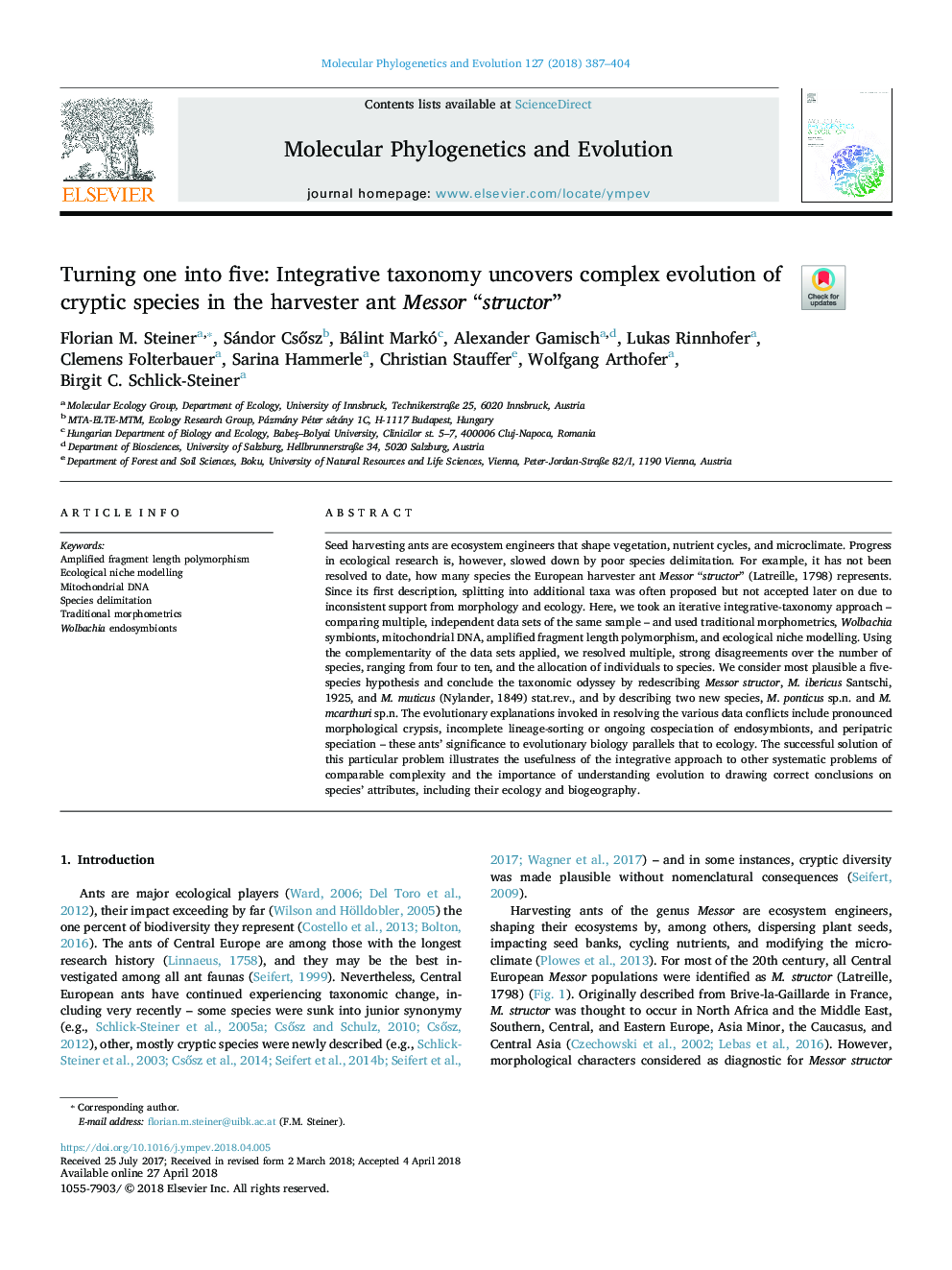 Turning one into five: Integrative taxonomy uncovers complex evolution of cryptic species in the harvester ant Messor “structor”