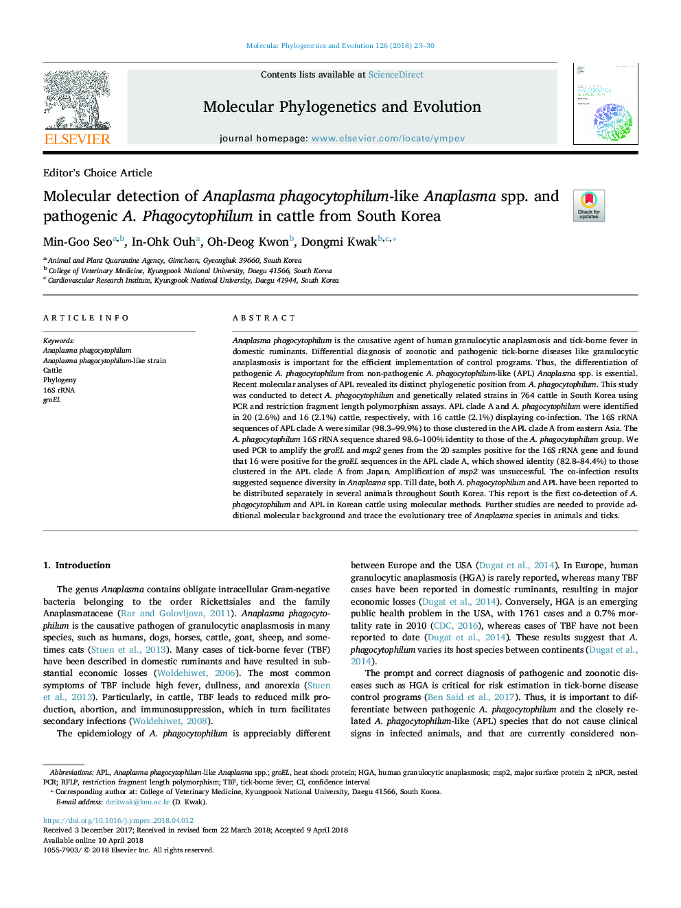 Molecular detection of Anaplasma phagocytophilum-like Anaplasma spp. and pathogenic A. Phagocytophilum in cattle from South Korea