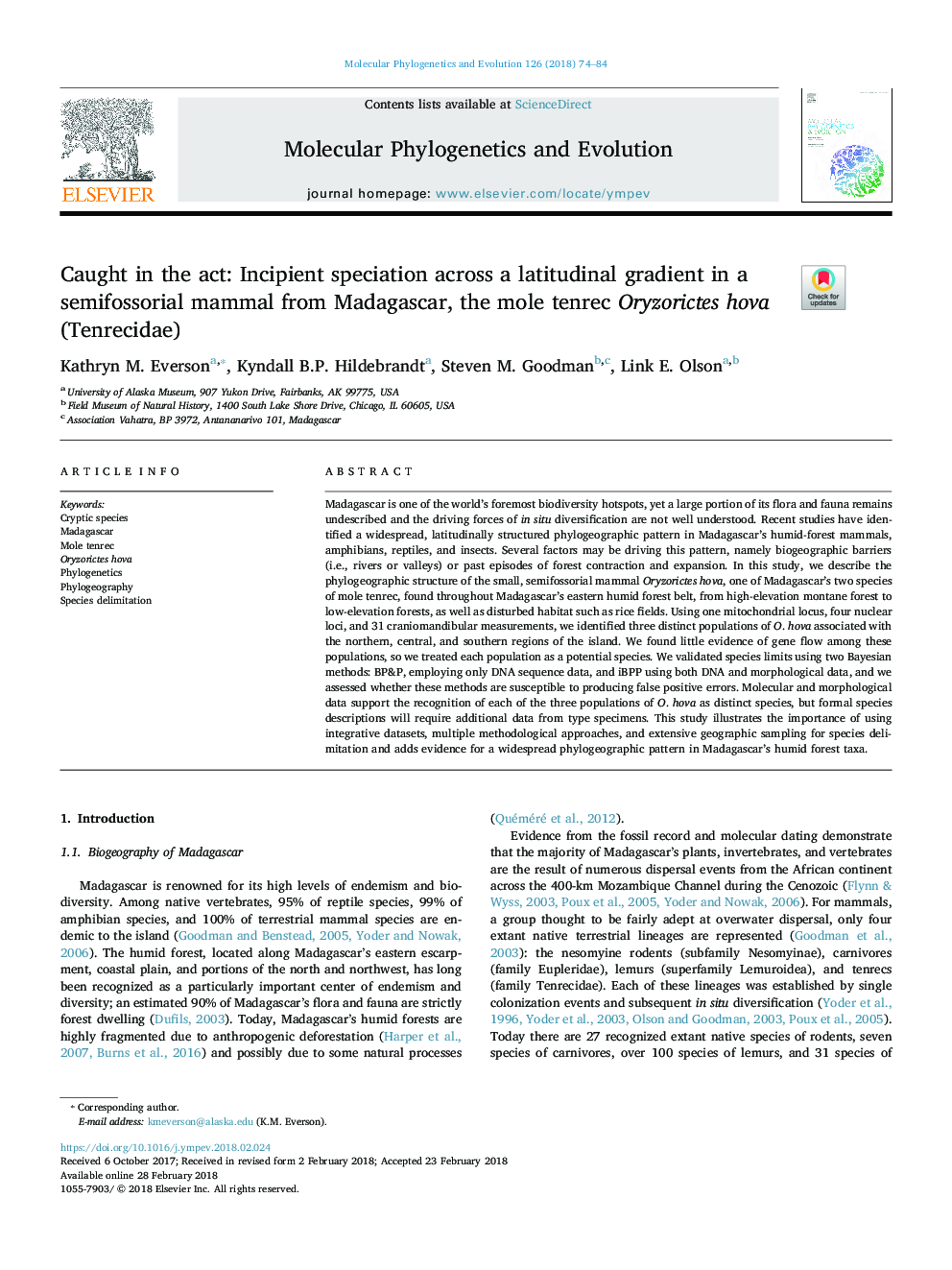 Caught in the act: Incipient speciation across a latitudinal gradient in a semifossorial mammal from Madagascar, the mole tenrec Oryzorictes hova (Tenrecidae)