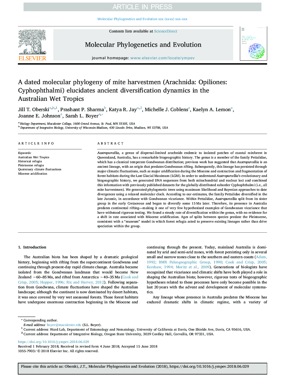 A dated molecular phylogeny of mite harvestmen (Arachnida: Opiliones: Cyphophthalmi) elucidates ancient diversification dynamics in the Australian Wet Tropics