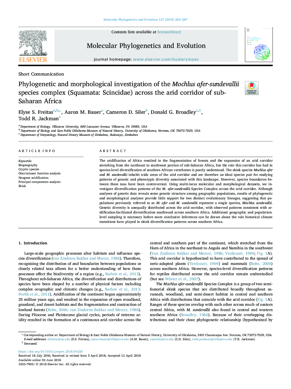 عکس صفحه اول مقاله: Phylogenetic and morphological investigation of the Mochlus afer-sundevallii species complex (Squamata: Scincidae) across the arid corridor of sub-Saharan Africa Phylogenetic and morphological investigation of the Mochlus afer-sundevallii species complex (Squamata: Scincidae) across the arid corridor of sub-Saharan Africa