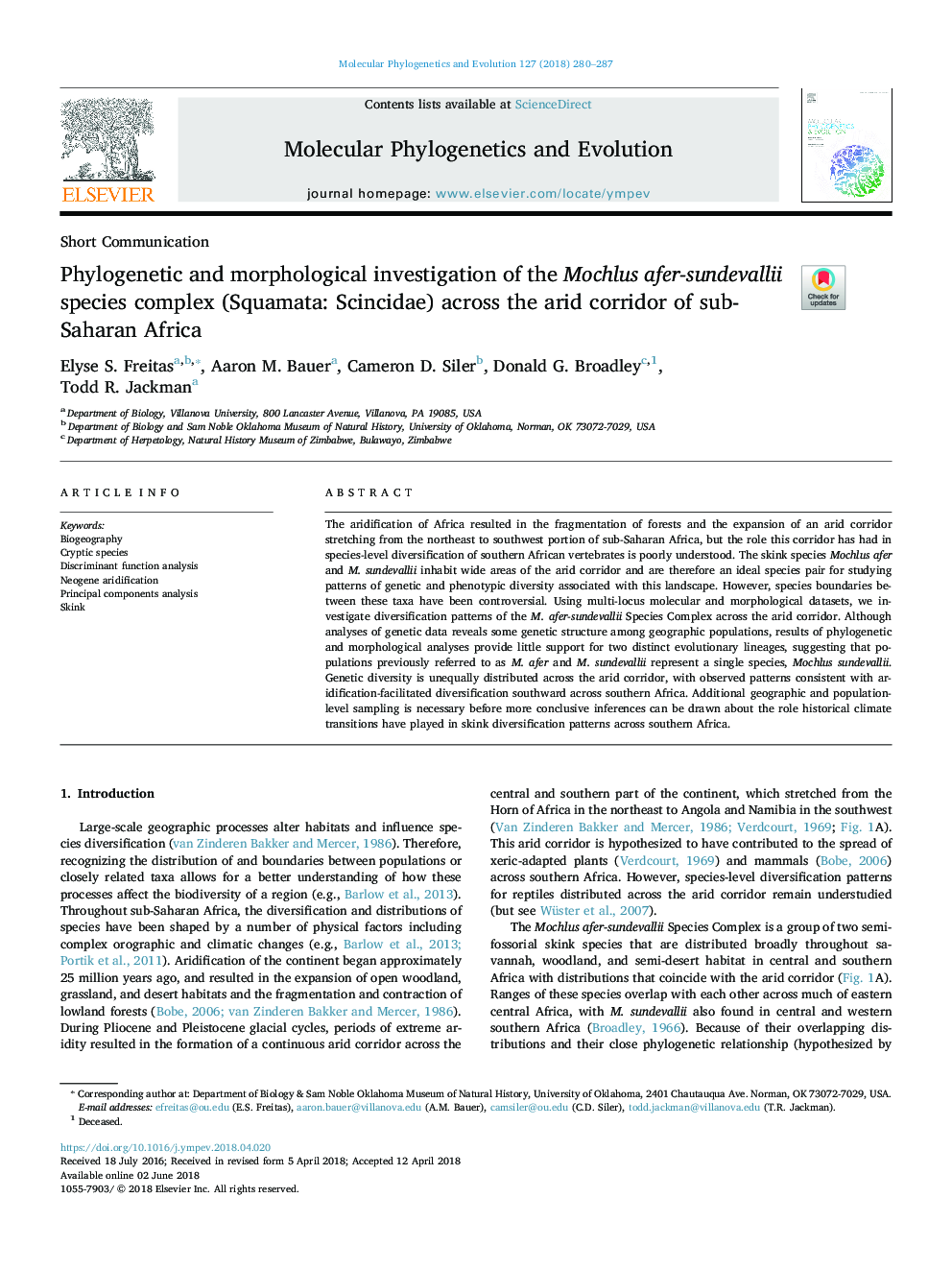 Phylogenetic and morphological investigation of the Mochlus afer-sundevallii species complex (Squamata: Scincidae) across the arid corridor of sub-Saharan Africa