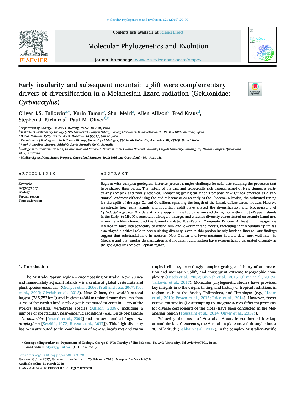 Early insularity and subsequent mountain uplift were complementary drivers of diversification in a Melanesian lizard radiation (Gekkonidae: Cyrtodactylus)