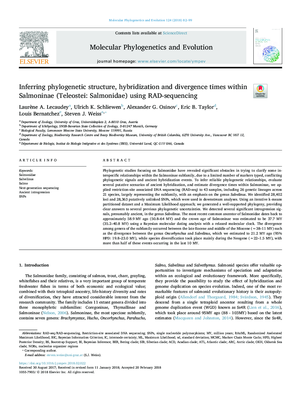 Inferring phylogenetic structure, hybridization and divergence times within Salmoninae (Teleostei: Salmonidae) using RAD-sequencing