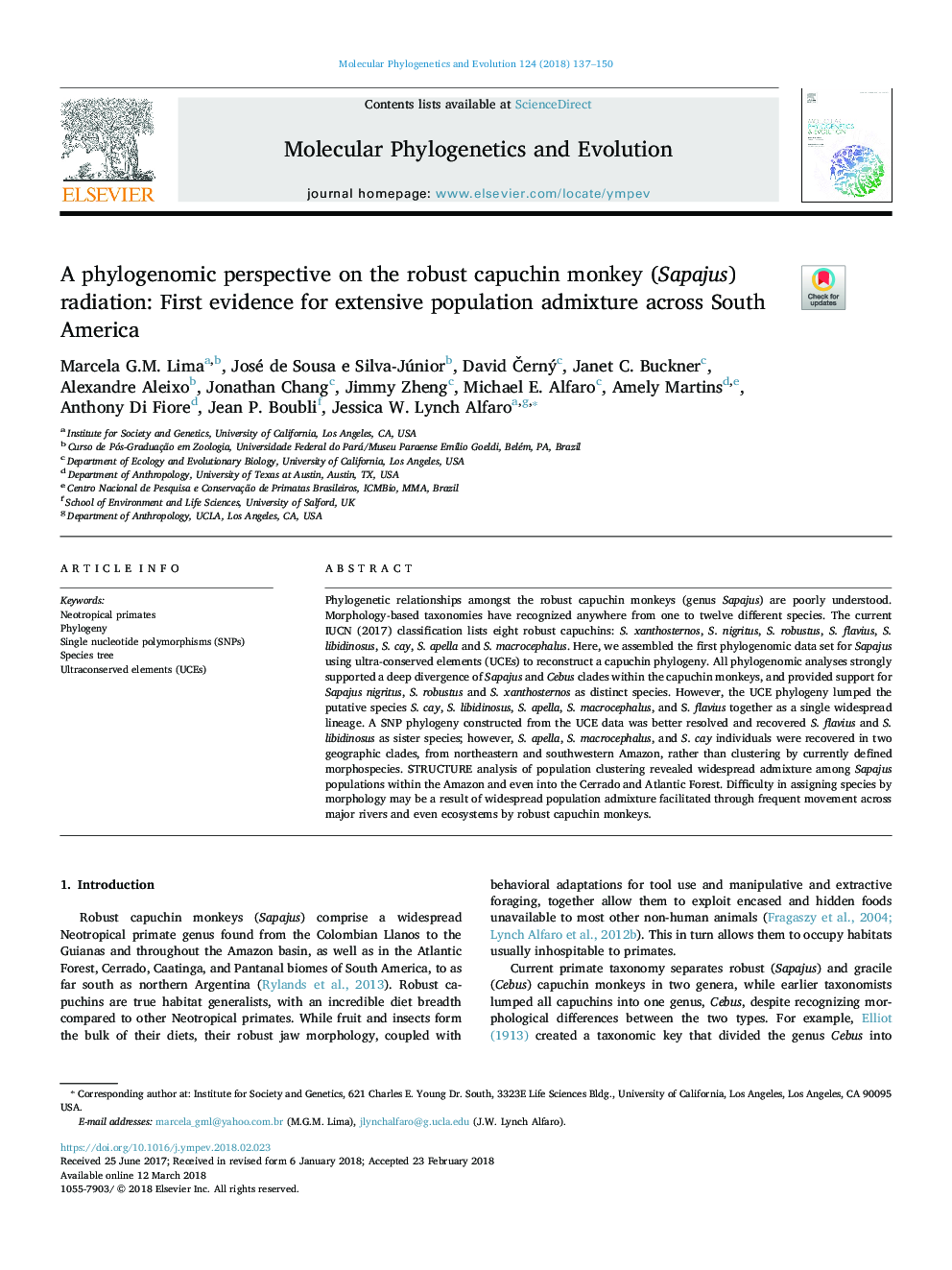 A phylogenomic perspective on the robust capuchin monkey (Sapajus) radiation: First evidence for extensive population admixture across South America