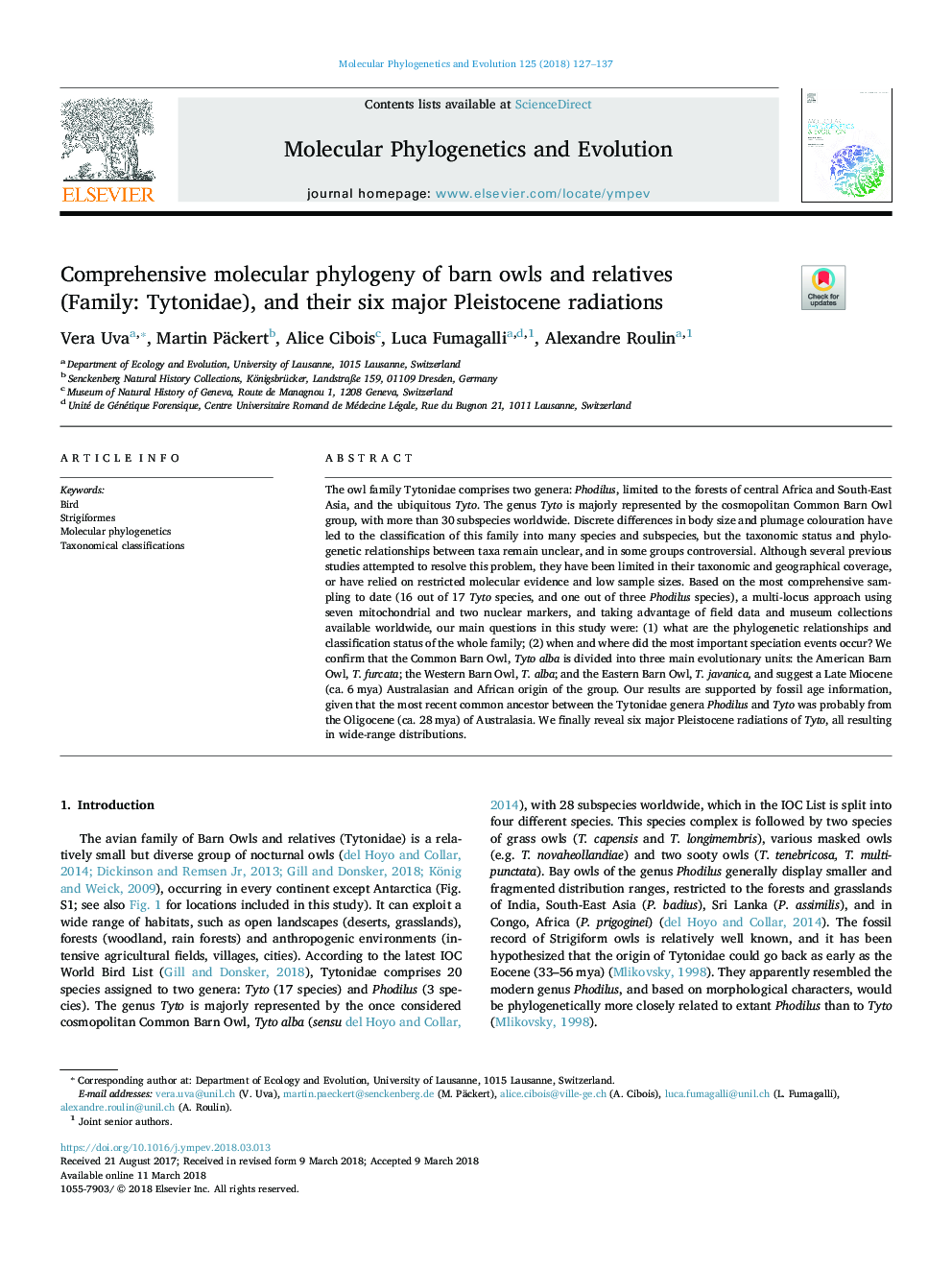 Comprehensive molecular phylogeny of barn owls and relatives (Family: Tytonidae), and their six major Pleistocene radiations