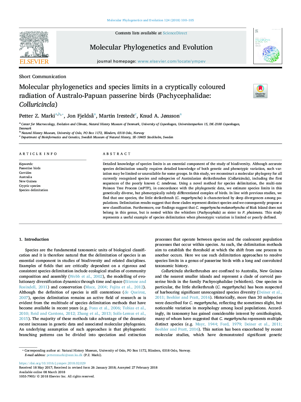 Molecular phylogenetics and species limits in a cryptically coloured radiation of Australo-Papuan passerine birds (Pachycephalidae: Colluricincla)