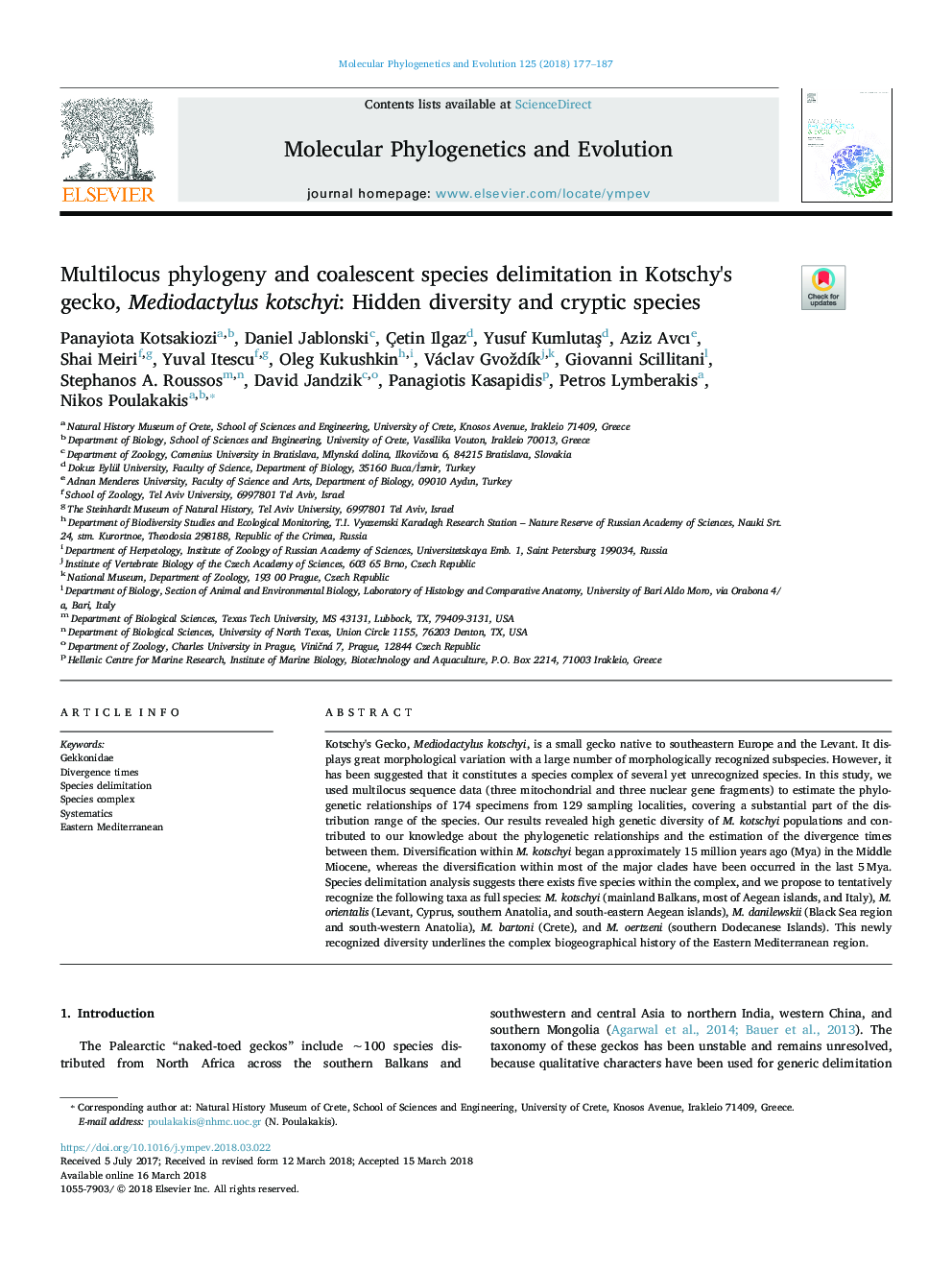 Multilocus phylogeny and coalescent species delimitation in Kotschy's gecko, Mediodactylus kotschyi: Hidden diversity and cryptic species