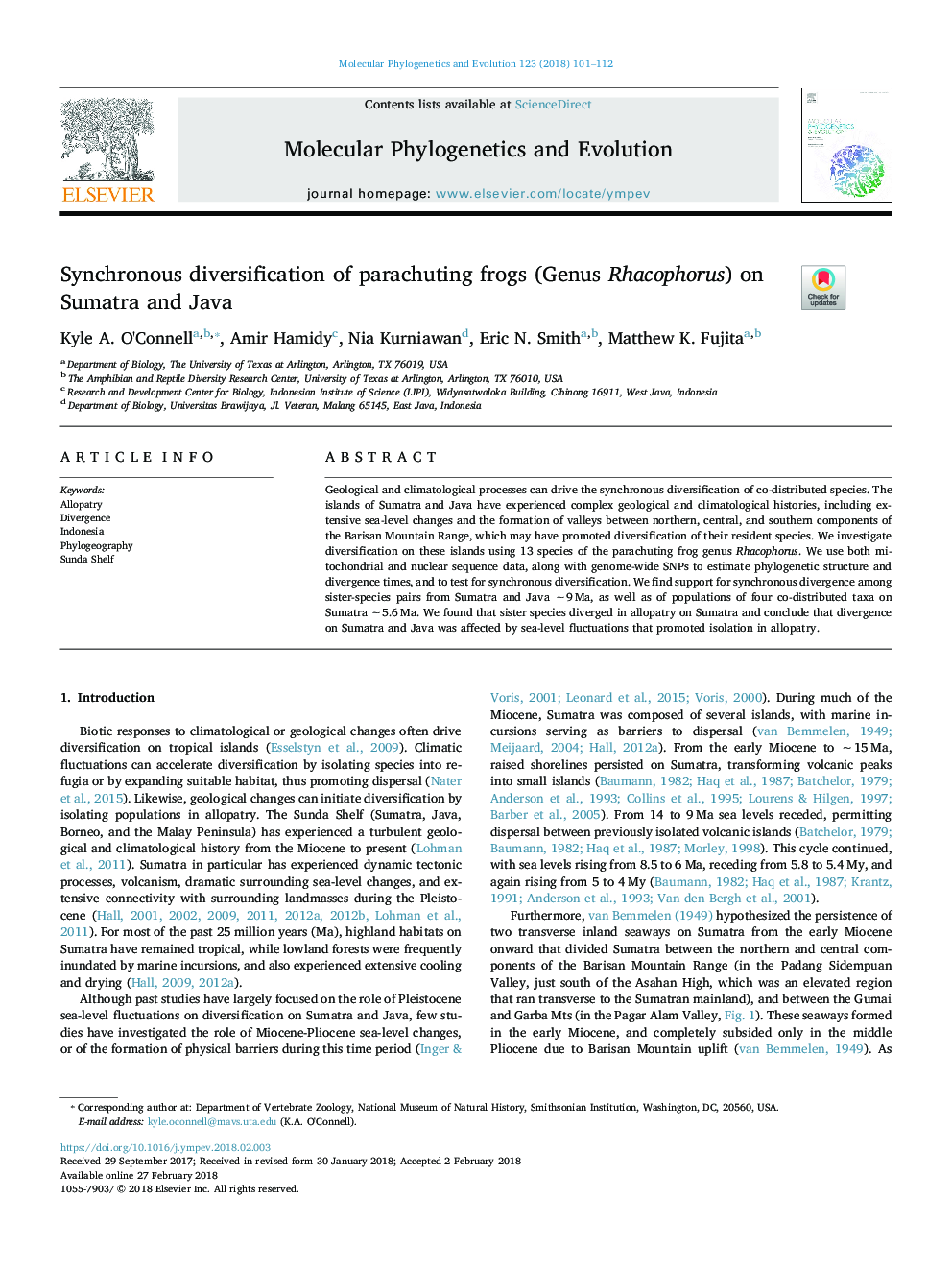 Synchronous diversification of parachuting frogs (Genus Rhacophorus) on Sumatra and Java