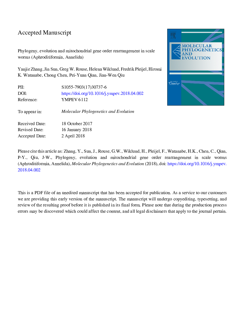 Phylogeny, evolution and mitochondrial gene order rearrangement in scale worms (Aphroditiformia, Annelida)