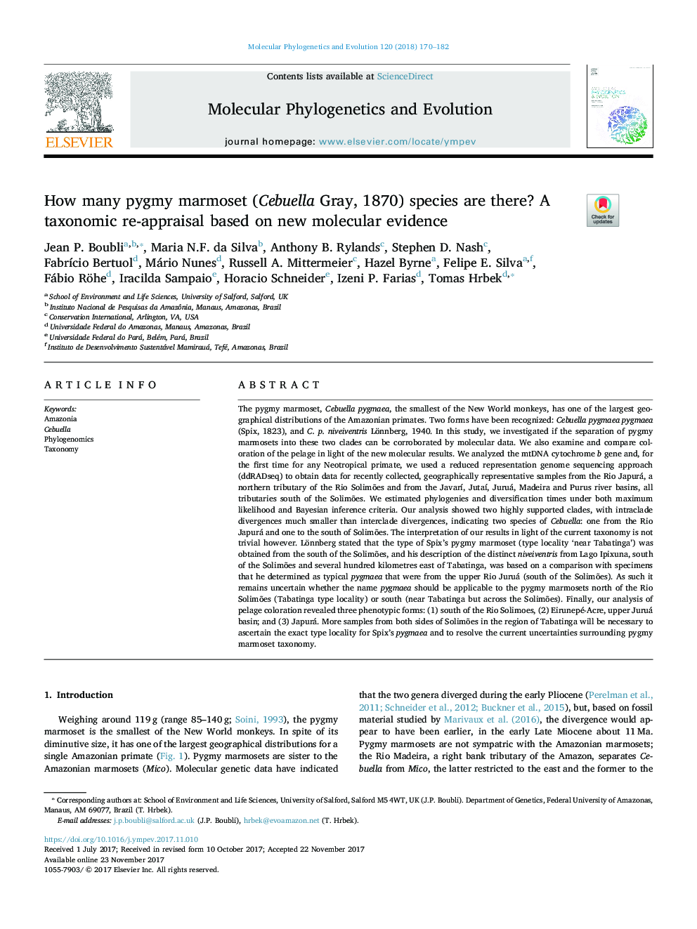 How many pygmy marmoset (Cebuella Gray, 1870) species are there? A taxonomic re-appraisal based on new molecular evidence