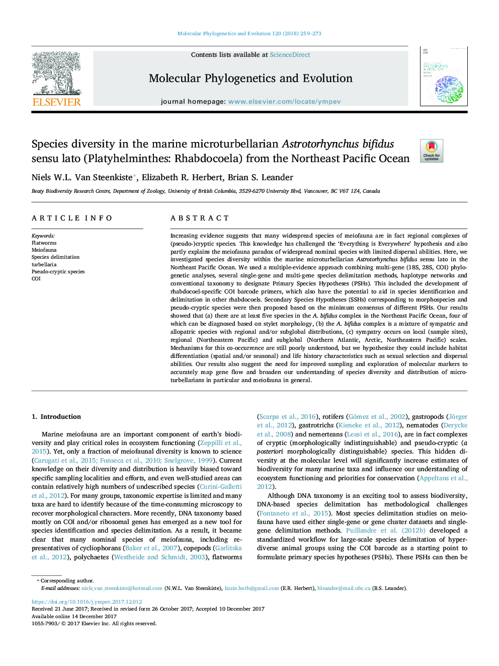 Species diversity in the marine microturbellarian Astrotorhynchus bifidus sensu lato (Platyhelminthes: Rhabdocoela) from the Northeast Pacific Ocean