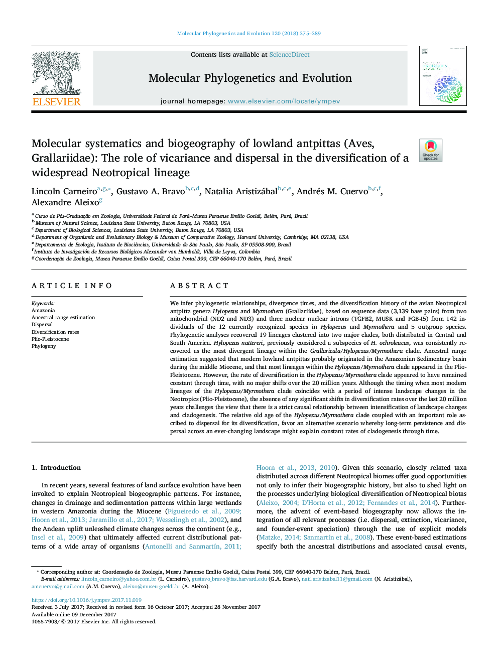 Molecular systematics and biogeography of lowland antpittas (Aves, Grallariidae): The role of vicariance and dispersal in the diversification of a widespread Neotropical lineage