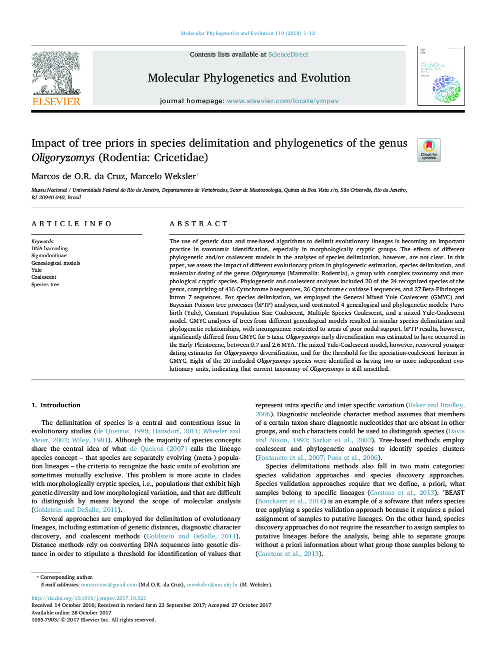 Impact of tree priors in species delimitation and phylogenetics of the genus Oligoryzomys (Rodentia: Cricetidae)