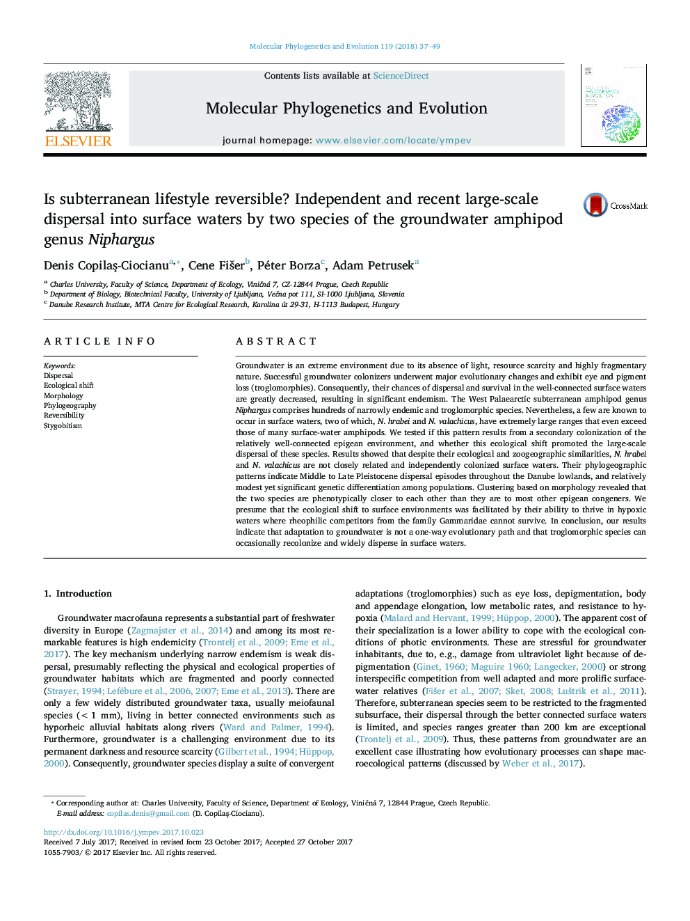 Is subterranean lifestyle reversible? Independent and recent large-scale dispersal into surface waters by two species of the groundwater amphipod genus Niphargus