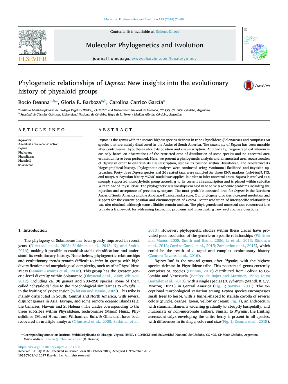 Phylogenetic relationships of Deprea: New insights into the evolutionary history of physaloid groups