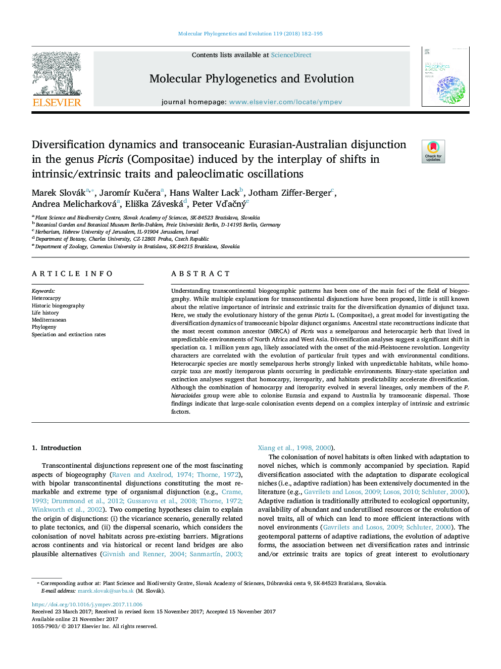 Diversification dynamics and transoceanic Eurasian-Australian disjunction in the genus Picris (Compositae) induced by the interplay of shifts in intrinsic/extrinsic traits and paleoclimatic oscillations