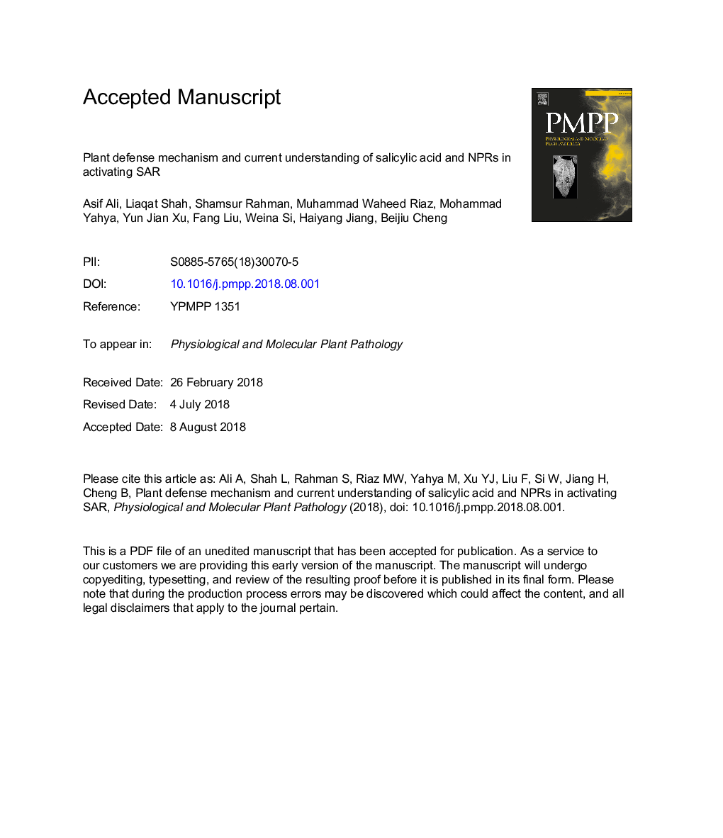 Plant defense mechanism and current understanding of salicylic acid and NPRs in activating SAR