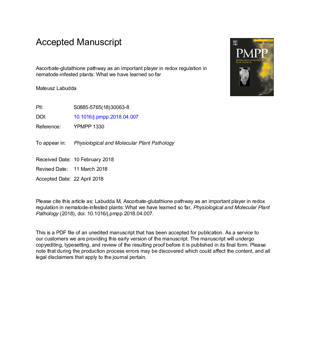 Ascorbate-glutathione pathway as an important player in redox regulation in nematode-infested plants: What we have learned so far