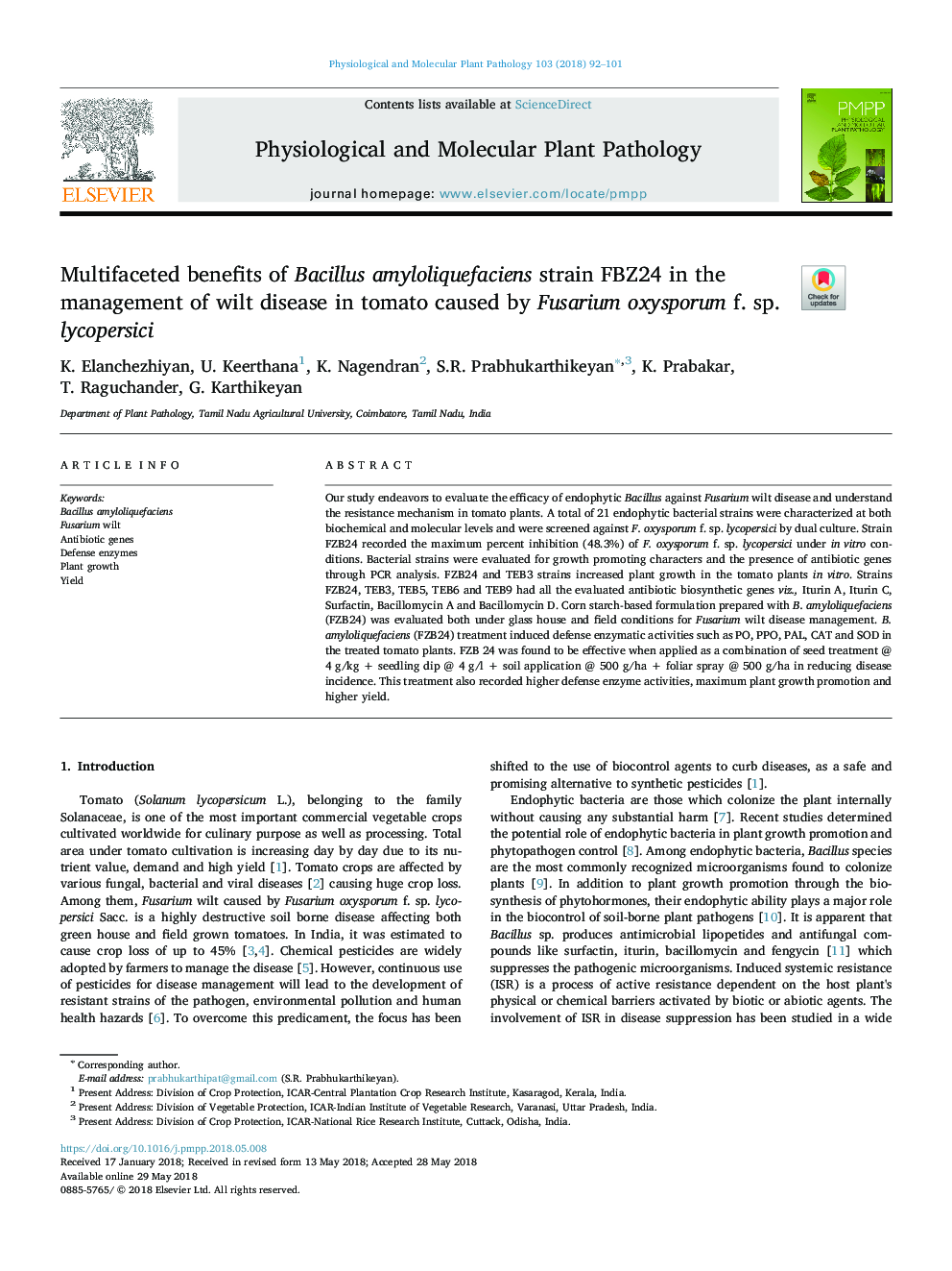 Multifaceted benefits of Bacillus amyloliquefaciens strain FBZ24 in the management of wilt disease in tomato caused by Fusarium oxysporum f. sp. lycopersici