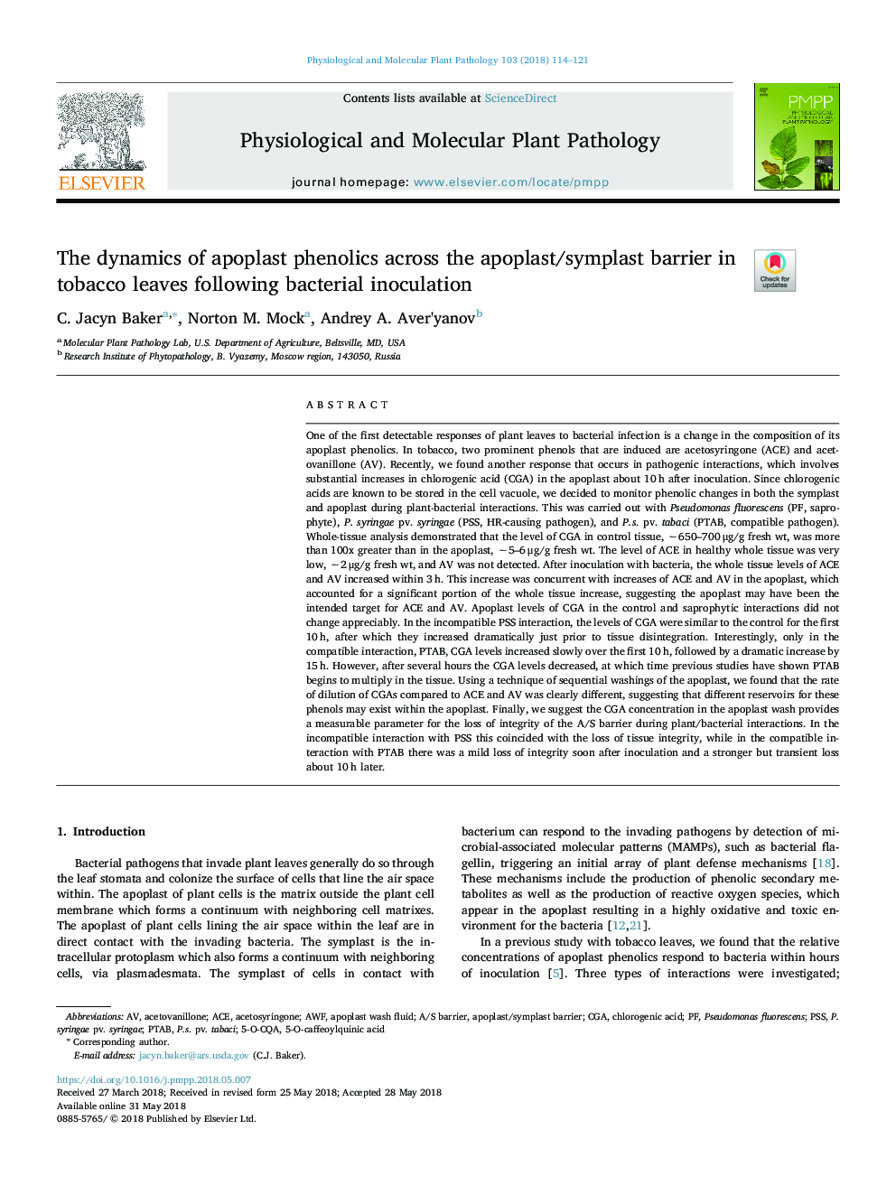 The dynamics of apoplast phenolics across the apoplast/symplast barrier in tobacco leaves following bacterial inoculation