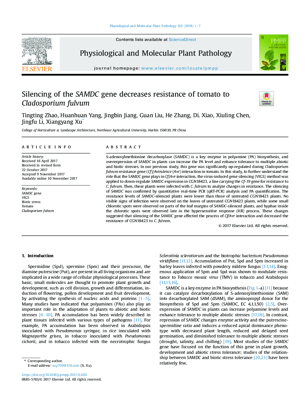 Silencing of the SAMDC gene decreases resistance of tomato to Cladosporium fulvum