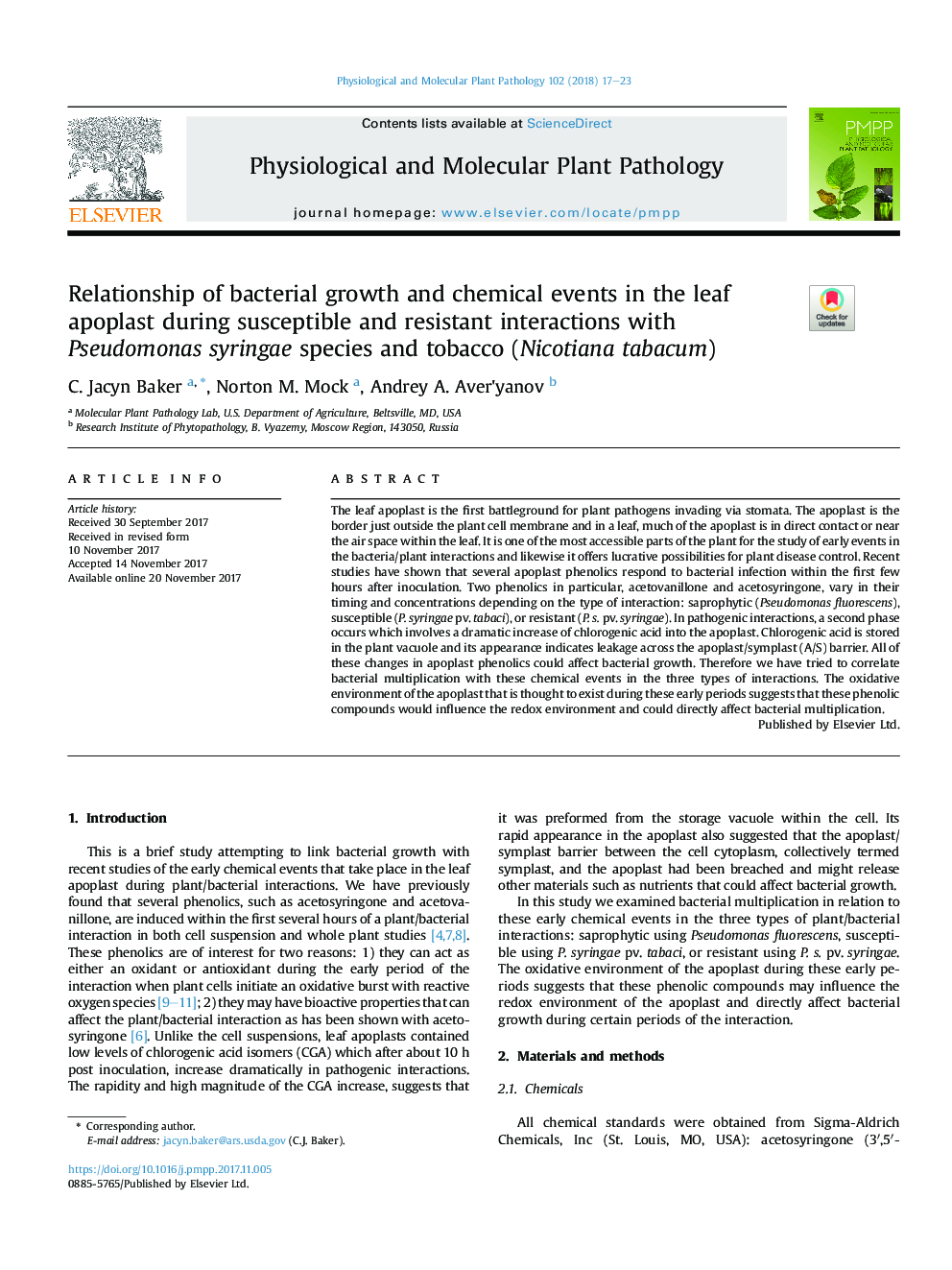 Relationship of bacterial growth and chemical events in the leaf apoplast during susceptible and resistant interactions with Pseudomonas syringae species and tobacco (Nicotiana tabacum)