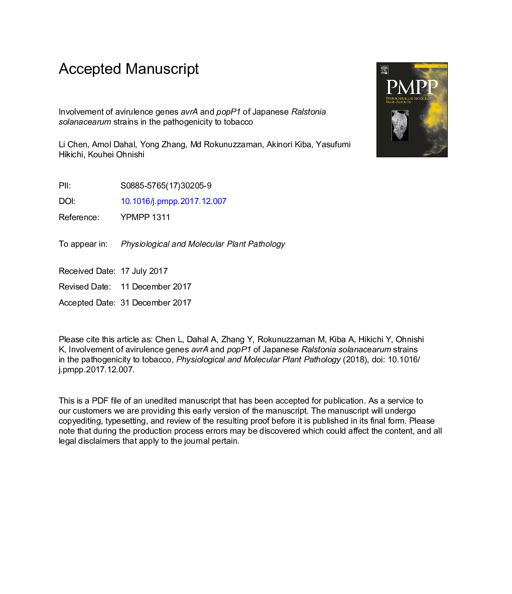 Involvement of avirulence genes avrA and popP1 of Japanese Ralstonia solanacearum strains in the pathogenicity to tobacco