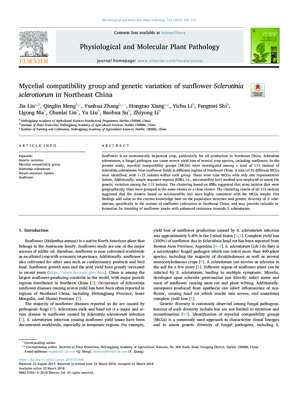 Mycelial compatibility group and genetic variation of sunflower Sclerotinia sclerotiorum in Northeast China