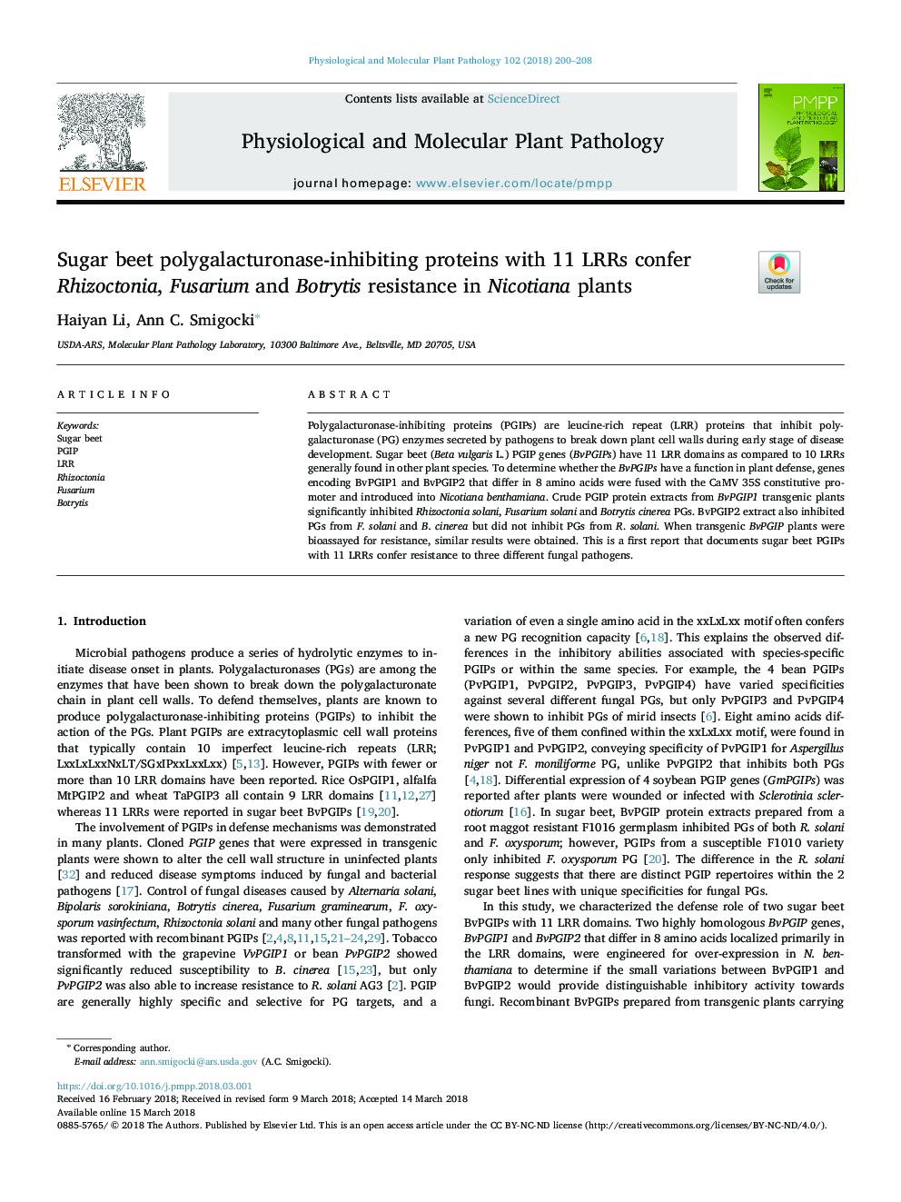 Sugar beet polygalacturonase-inhibiting proteins with 11 LRRs confer Rhizoctonia, Fusarium and Botrytis resistance in Nicotiana plants