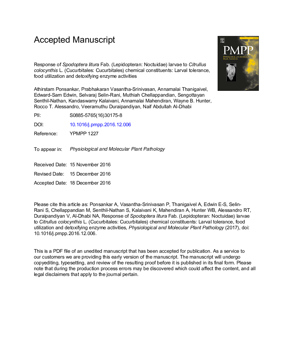 Response of Spodoptera litura Fab. (Lepidoptera: Noctuidae) larvae to Citrullus colocynthis L. (Cucurbitales: Cucurbitaceae) chemical constituents: Larval tolerance, food utilization and detoxifying enzyme activities