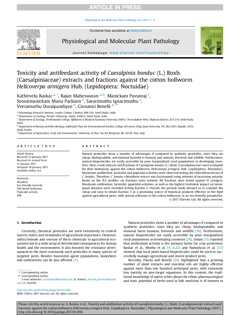 Toxicity and antifeedant activity of Caesalpinia bonduc (L.) Roxb. (Caesalpiniaceae) extracts and fractions against the cotton bollworm Helicoverpa armigera Hub. (Lepidoptera: Noctuidae)