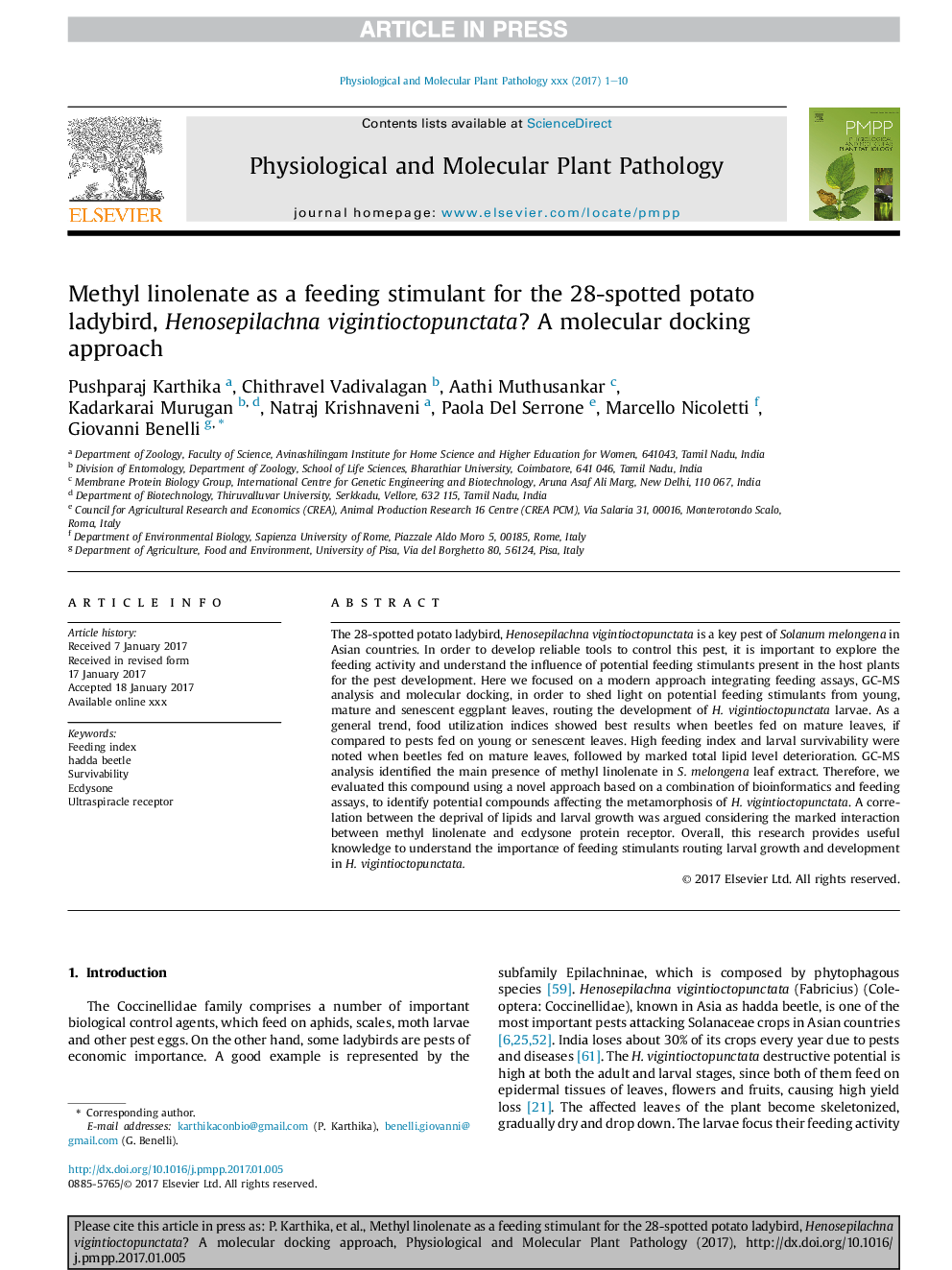 Methyl linolenate as a feeding stimulant for the 28-spotted potato ladybird, Henosepilachna vigintioctopunctata? A molecular docking approach