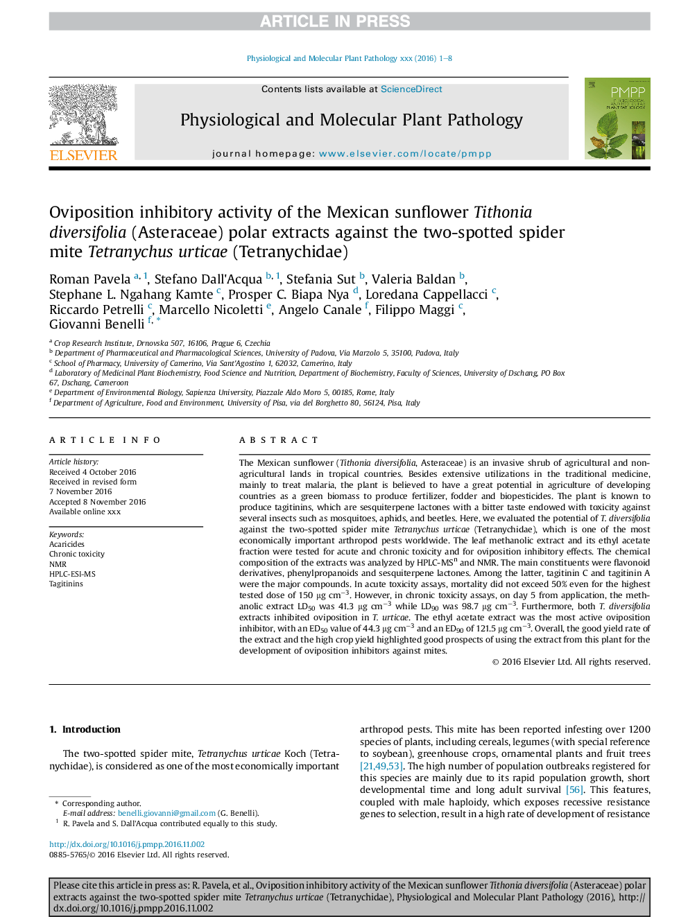 Oviposition inhibitory activity of the Mexican sunflower Tithonia diversifolia (Asteraceae) polar extracts against the two-spotted spider mite Tetranychus urticae (Tetranychidae)