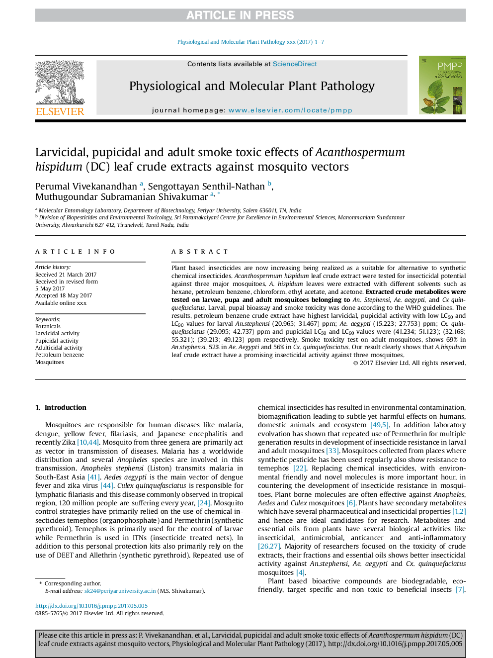 Larvicidal, pupicidal and adult smoke toxic effects of Acanthospermum hispidum (DC) leaf crude extracts against mosquito vectors