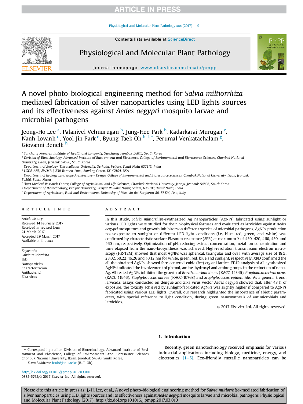 A novel photo-biological engineering method for Salvia miltiorrhiza-mediated fabrication of silver nanoparticles using LED lights sources and its effectiveness against Aedes aegypti mosquito larvae and microbial pathogens