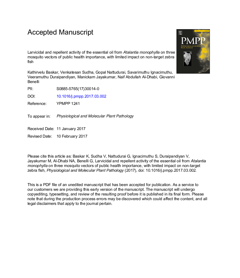 Larvicidal and repellent activity of the essential oil from Atalantia monophylla on three mosquito vectors of public health importance, with limited impact on non-target zebra fish