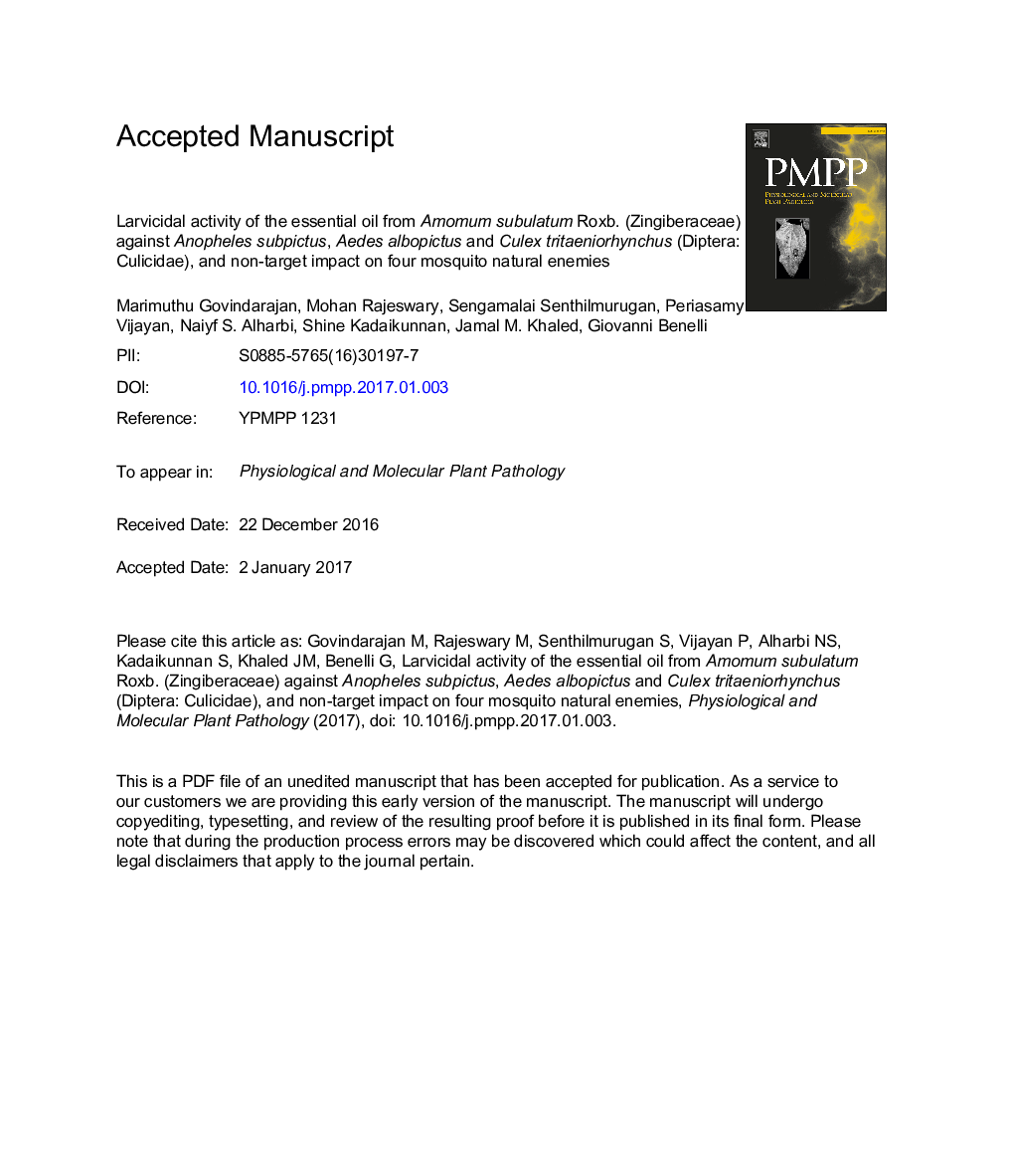 Larvicidal activity of the essential oil from Amomum subulatum Roxb. (Zingiberaceae) against Anopheles subpictus, Aedes albopictus and Culex tritaeniorhynchus (Diptera: Culicidae), and non-target impact on four mosquito natural enemies