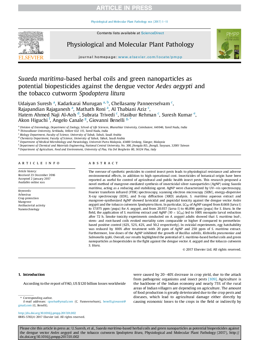 Suaeda maritima-based herbal coils and green nanoparticles as potential biopesticides against the dengue vector Aedes aegypti and the tobacco cutworm Spodoptera litura