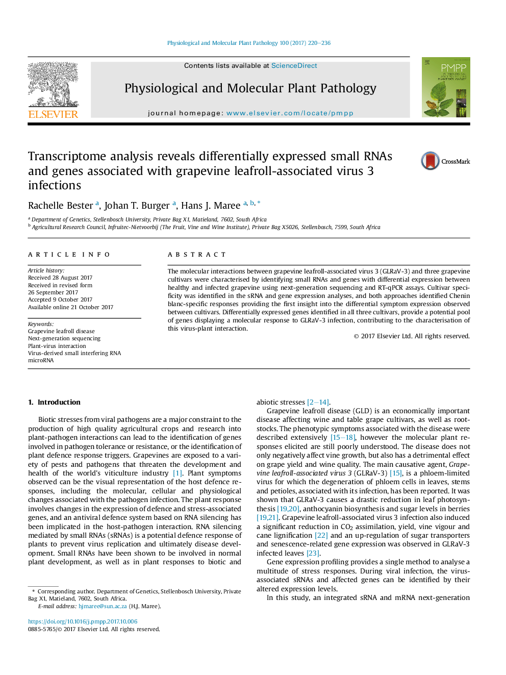 Transcriptome analysis reveals differentially expressed small RNAs and genes associated with grapevine leafroll-associated virus 3 infections