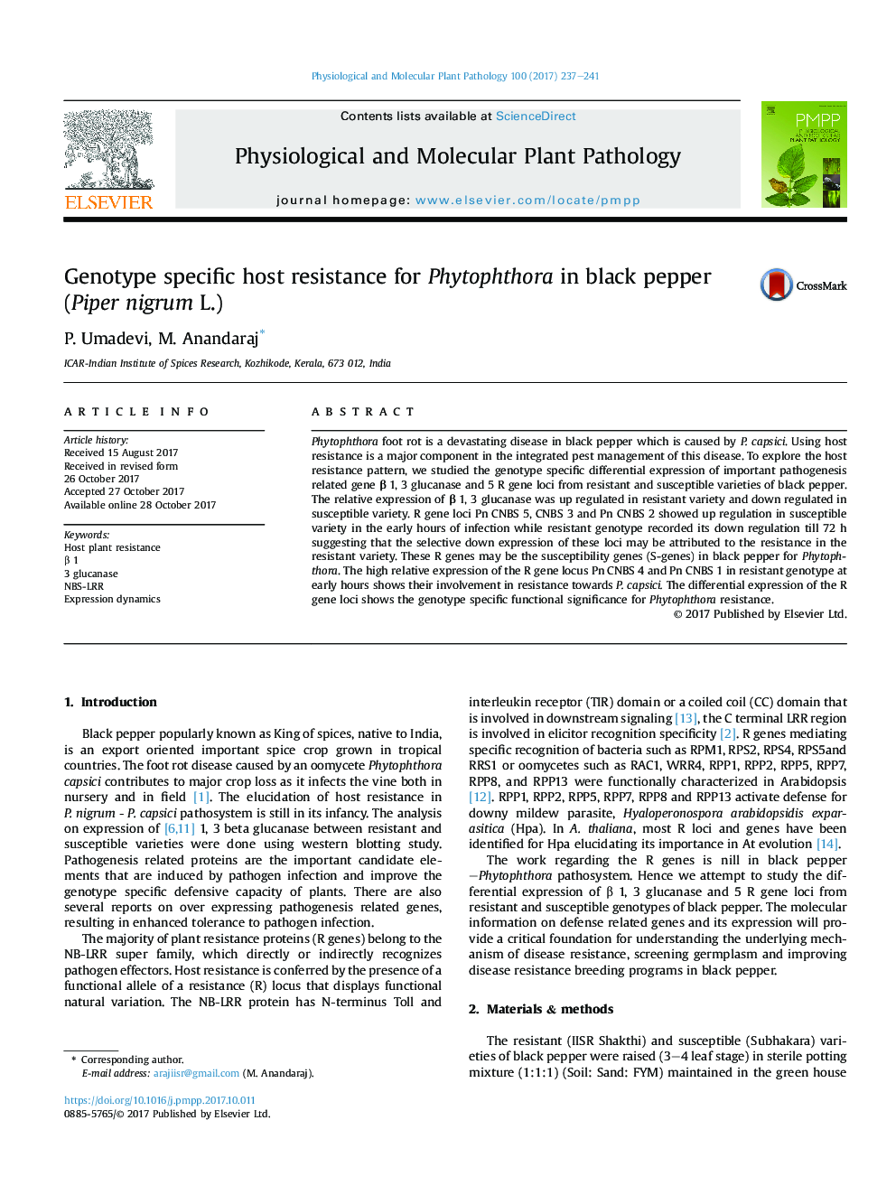 Genotype specific host resistance for Phytophthora in black pepper (Piper nigrum L.)
