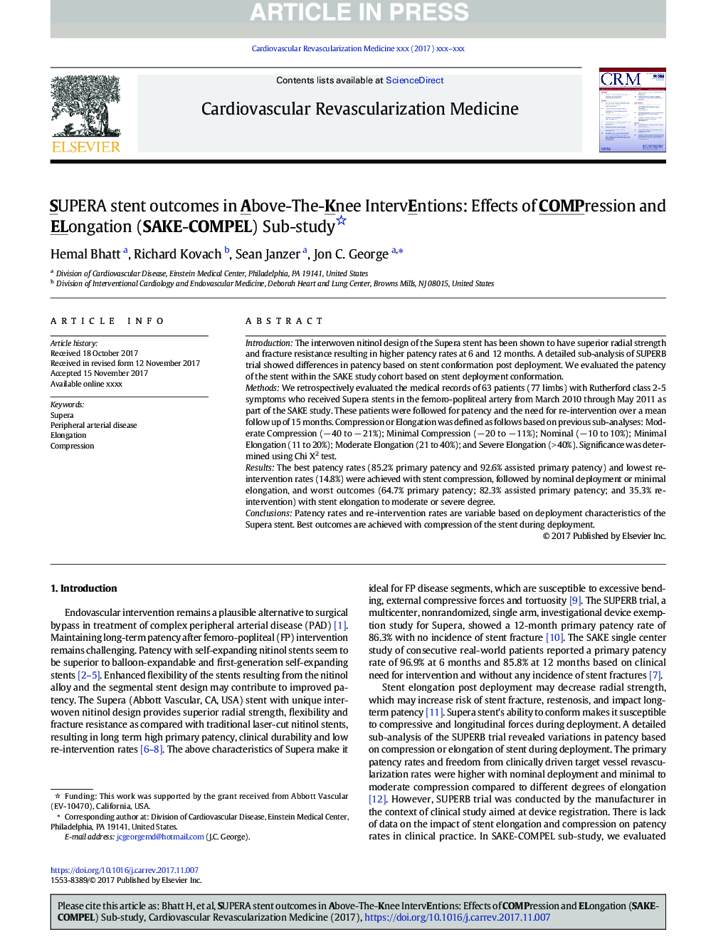 SUPERA stent outcomes in Above-The-Knee IntervEntions: Effects of COMPression and ELongation (SAKE-COMPEL) Sub-study