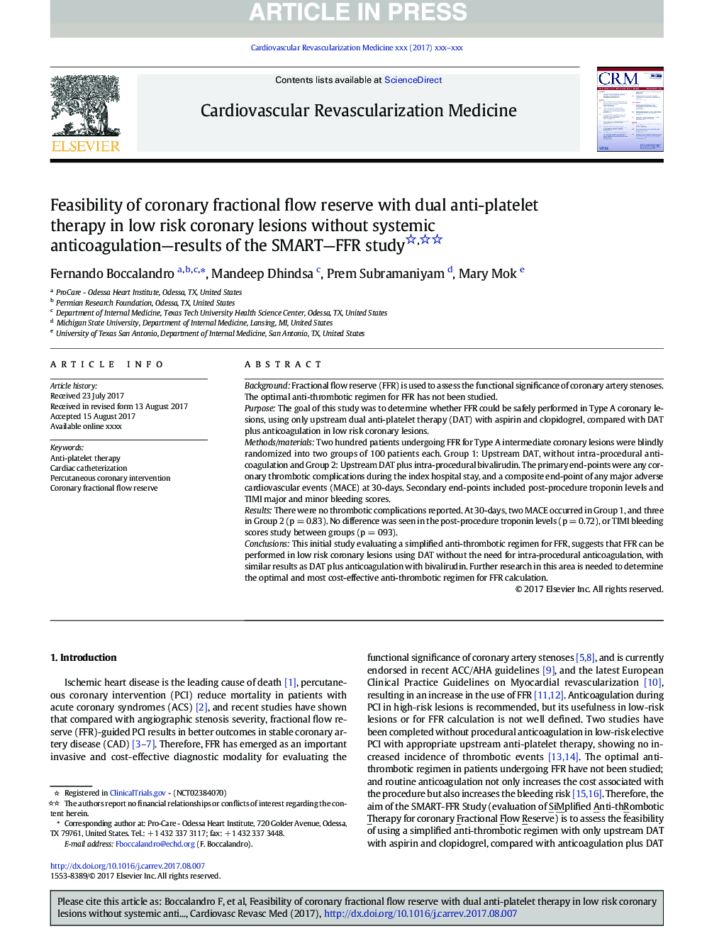 Feasibility of coronary fractional flow reserve with dual anti-platelet therapy in low risk coronary lesions without systemic anticoagulation-results of the SMART-FFR study