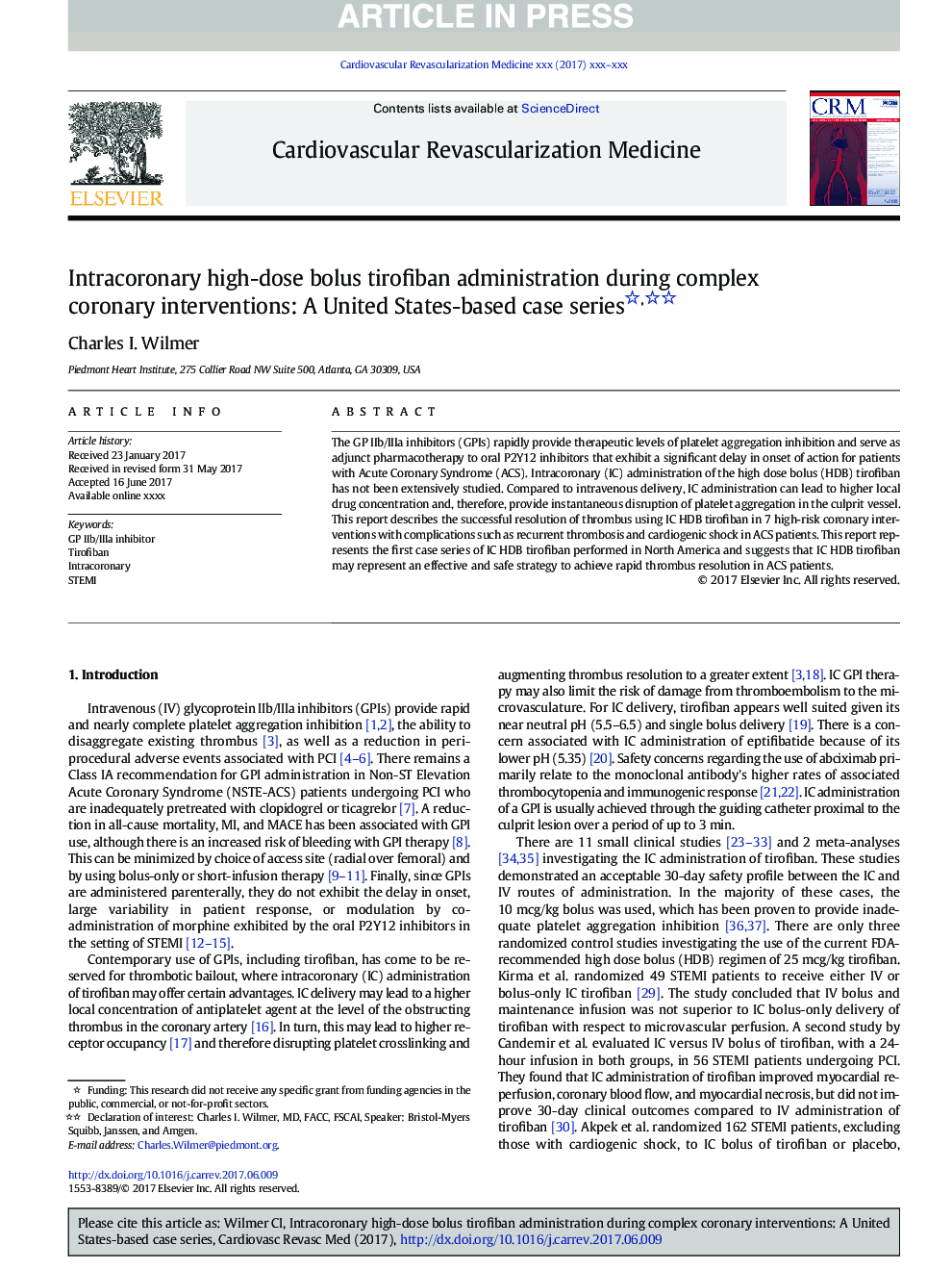 Intracoronary high-dose bolus tirofiban administration during complex coronary interventions: A United States-based case series