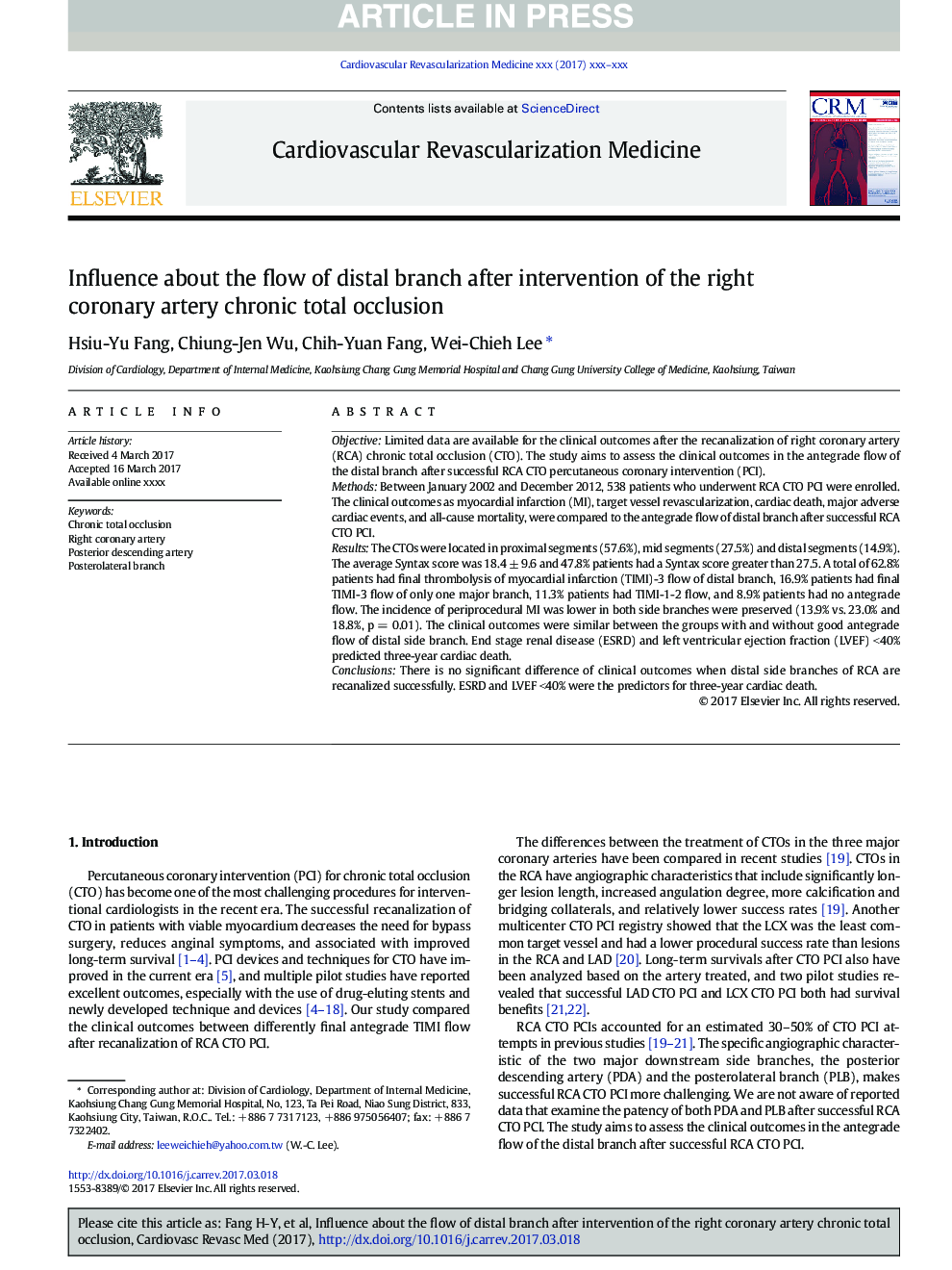 Influence about the flow of distal branch after intervention of the right coronary artery chronic total occlusion