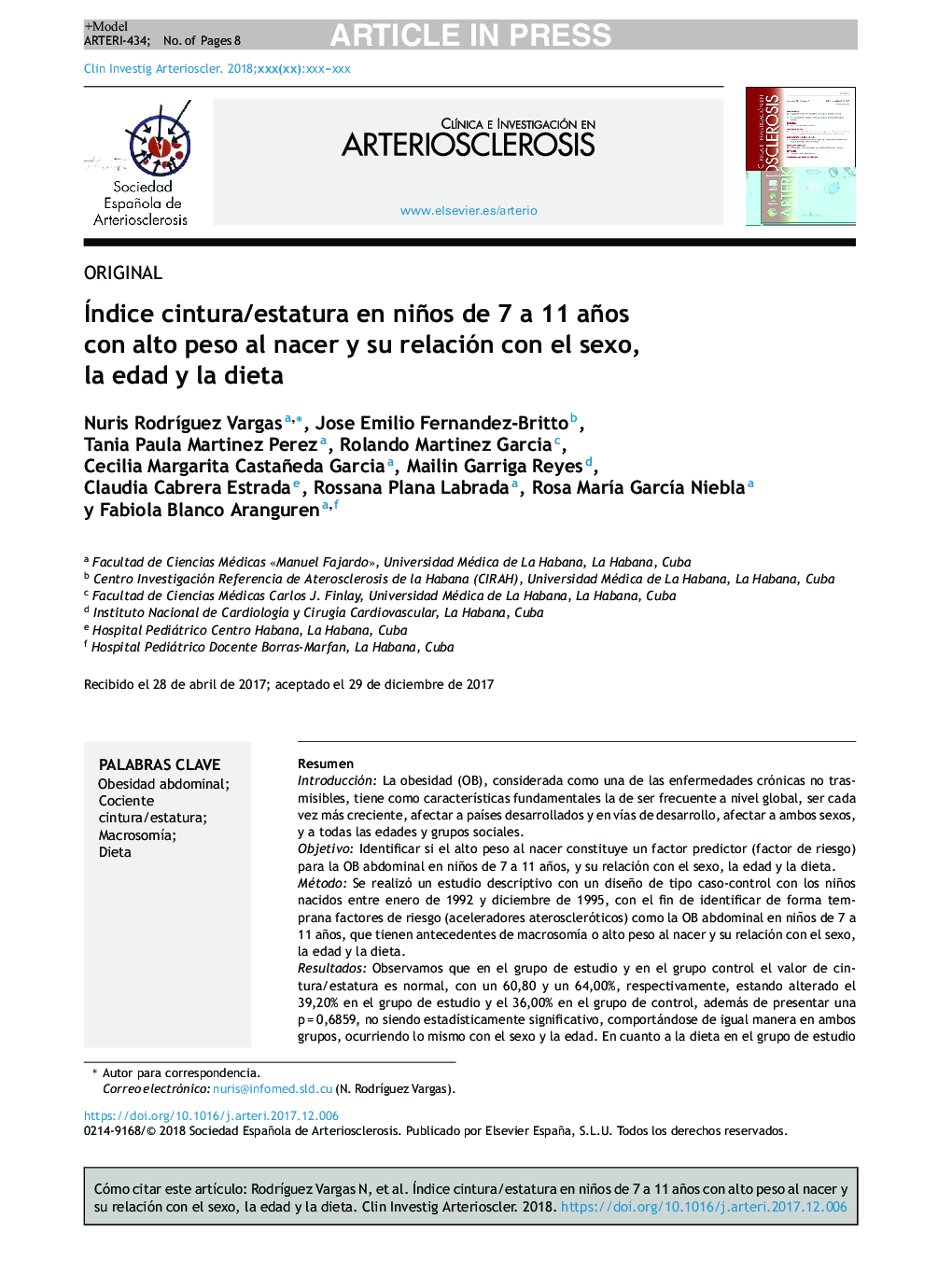 Índice cintura/estatura en niños de 7 a 11 años con alto peso al nacer y su relación con el sexo, la edad y la dieta