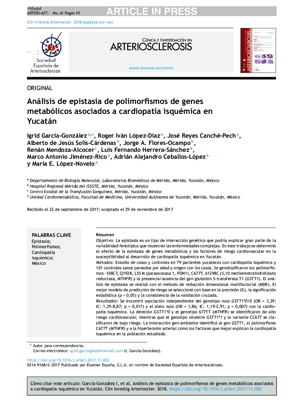 Análisis de epistasia de polimorfismos de genes metabólicos asociados a cardiopatÃ­a isquémica en Yucatán
