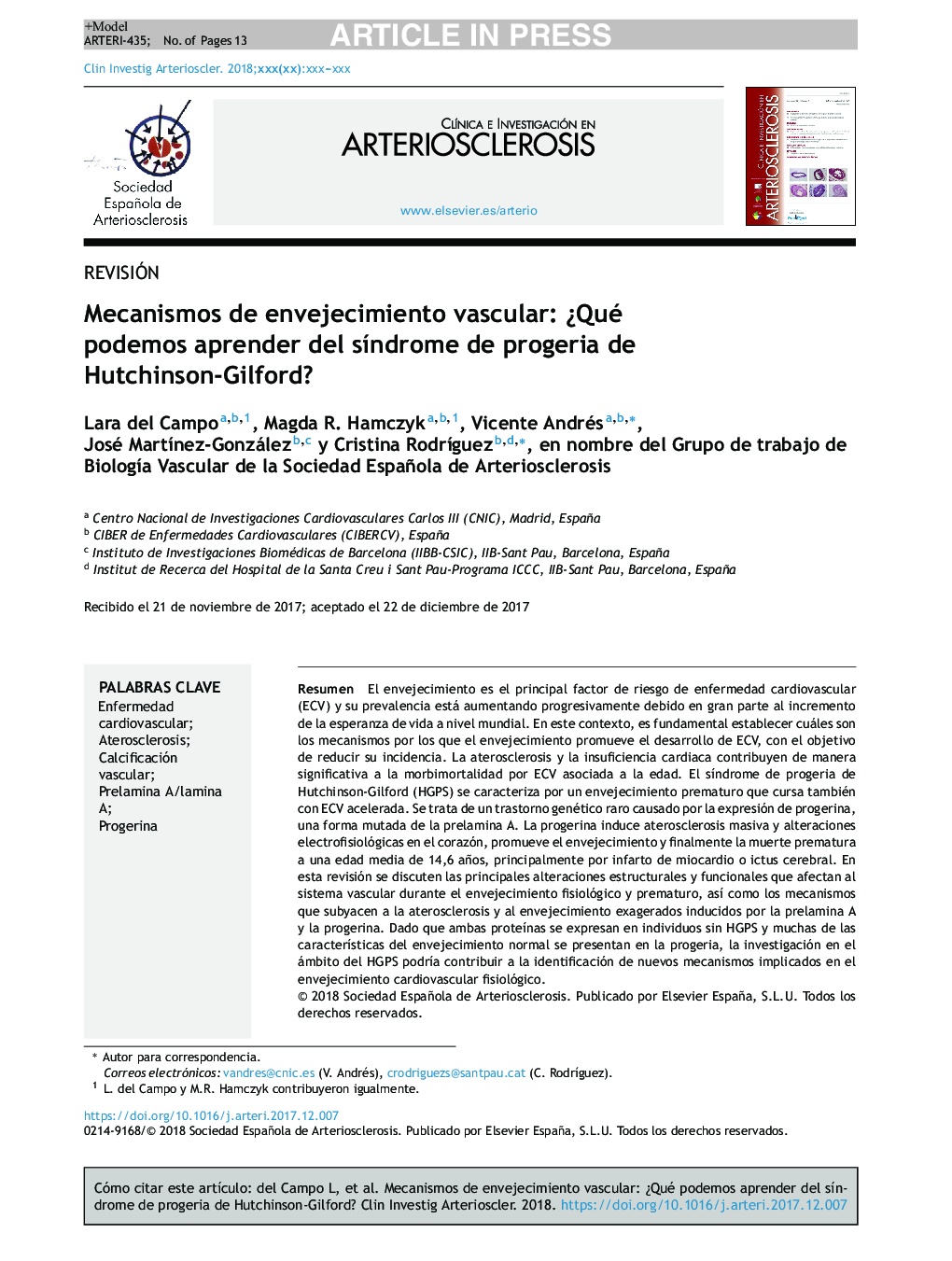 Mecanismos de envejecimiento vascular: Â¿Qué podemos aprender del sÃ­ndrome de progeria de Hutchinson-Gilford?