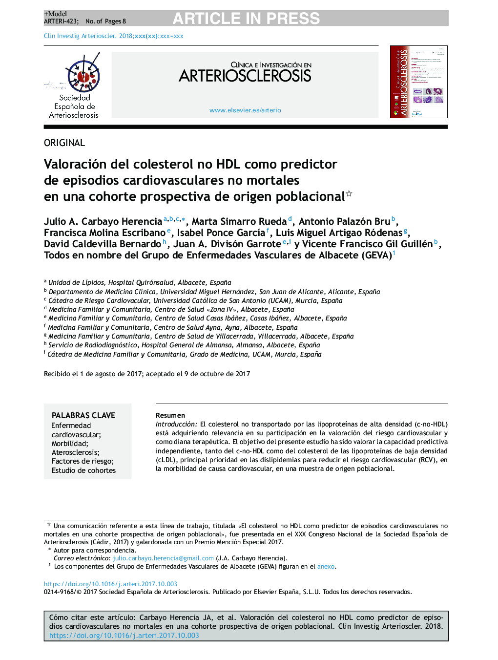 Valoración del colesterol no HDL como predictor de episodios cardiovasculares no mortales en una cohorte prospectiva de origen poblacional